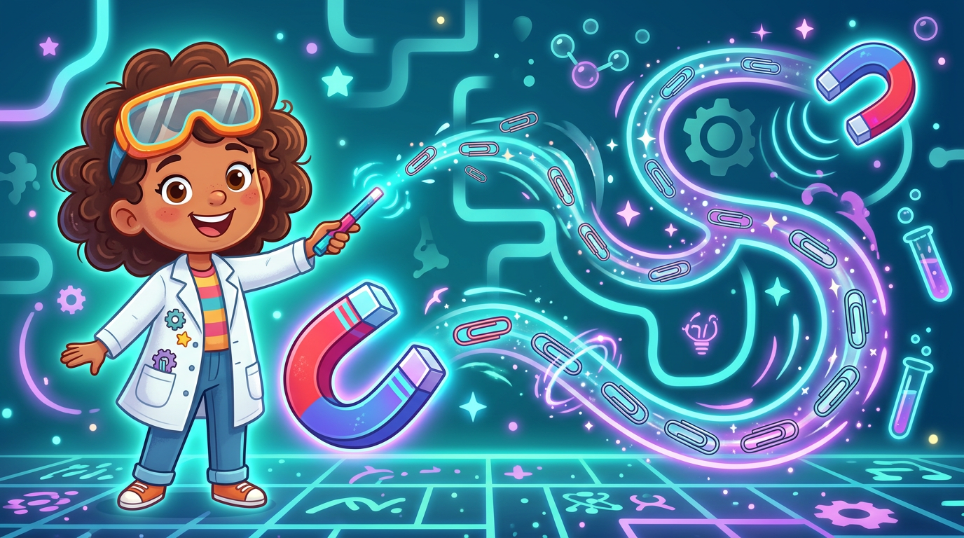 Maya’s Magnet Maze — cartoon scientist with magnets and a playful maze teaser